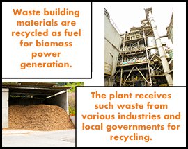 Waste building materials are recycled as fuel for biomass power generation. The plant receives such waste from various industries and local governments for recycling.