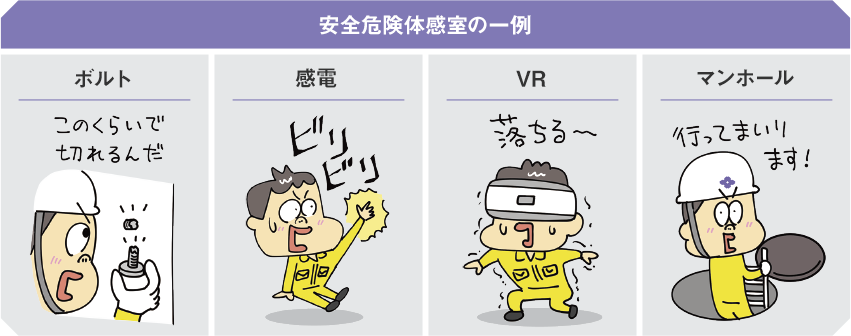 安全危険体感室の一例 広い空間で電工実習ができるほか、ボルトが破断してしまう体験や感電体験、漏電遮断体験、VRを使った労働災害の疑似体験、マンホール訓練などができる。